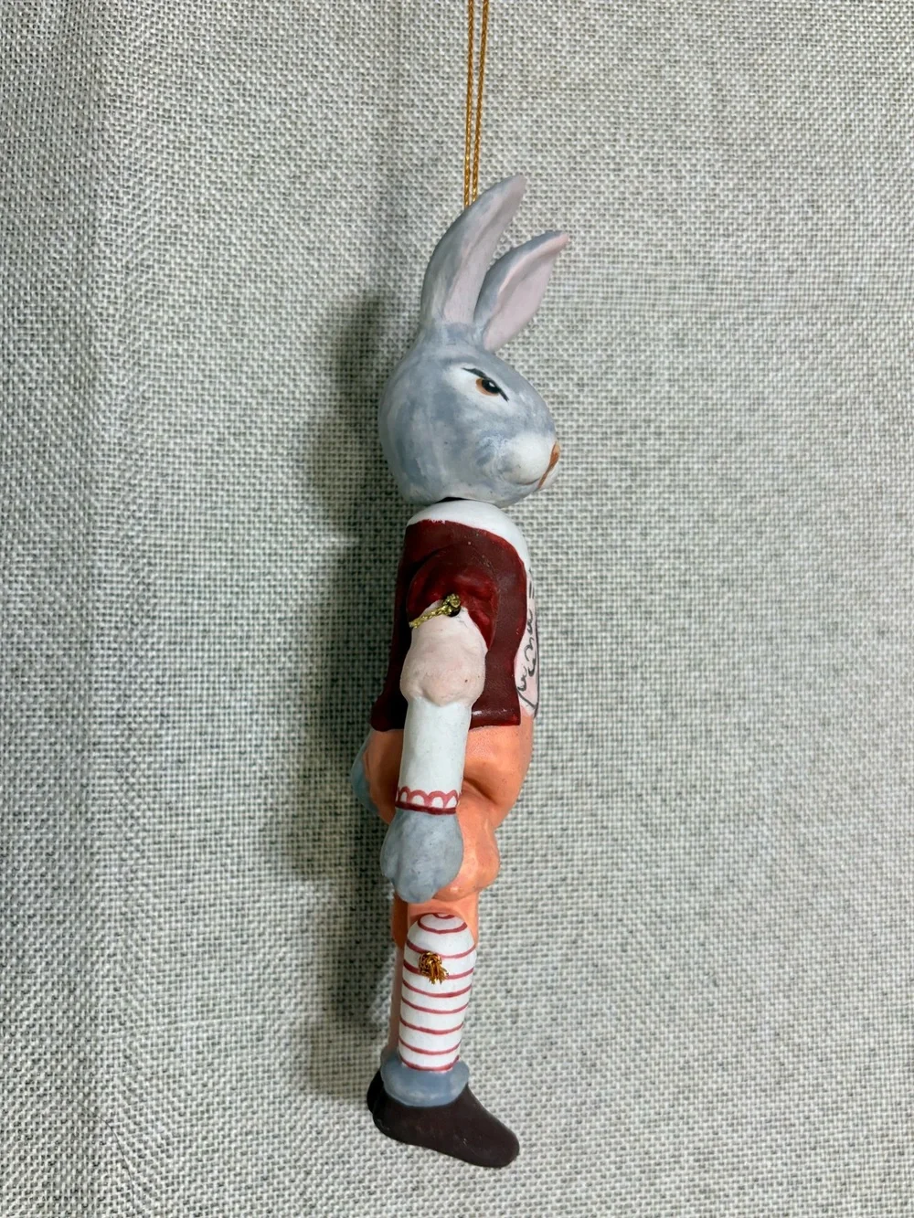 Handcrafted Jointed Clay Bunny Rabbit Ornament Articulated Hanging Folk 5.5”